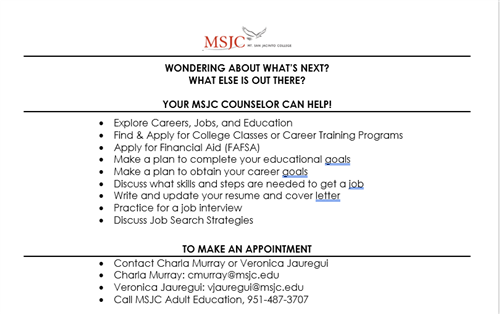 MSJC Counselor Flyer